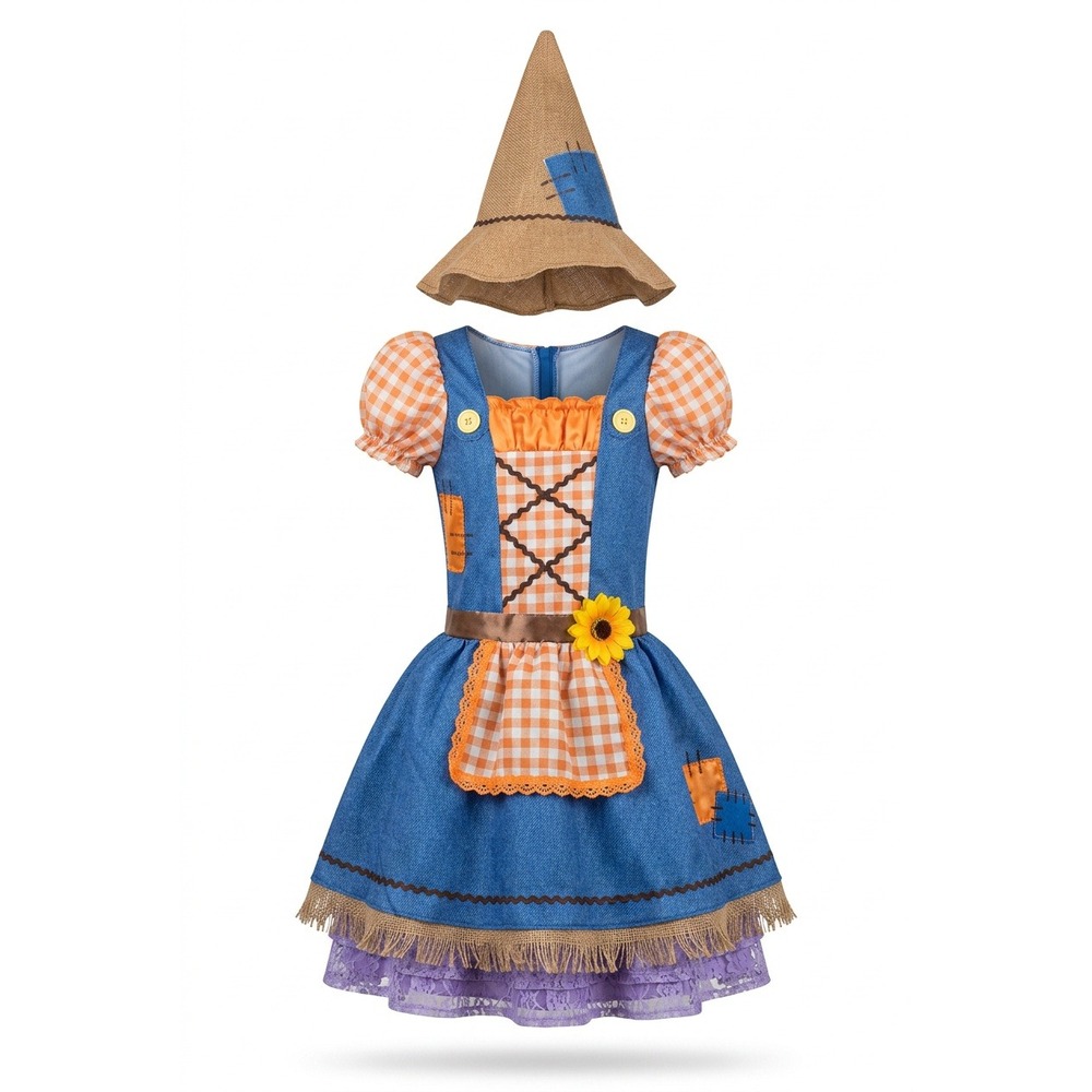 Girls Scarecrow Halloween Costume Dress with Hat Blue Gingham Youth M 8-10